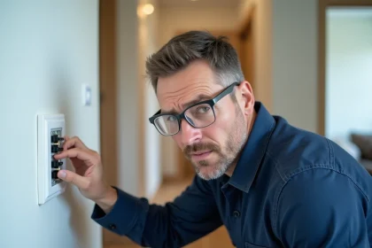 Électricien examinant un interrupteur poussoir mural avec des fils apparents dans un couloir d'appartement moderne