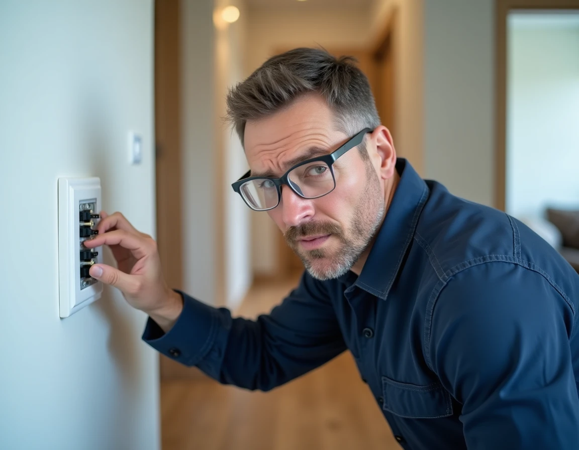 Électricien examinant un interrupteur poussoir mural avec des fils apparents dans un couloir d'appartement moderne