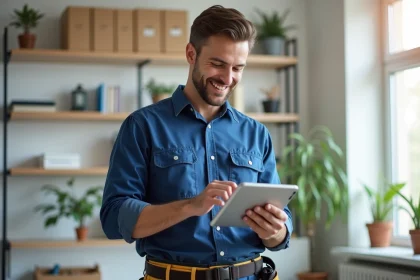 &Eacute;lectricien souriant utilisant une tablette dans un bureau moderne