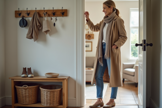 Femme souriante dans l'entrée avec organisateur mural