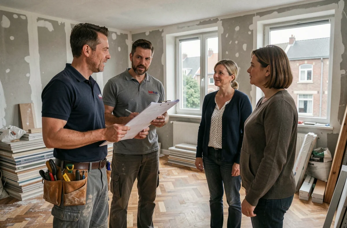 Entrepreneur en rénovation présentant un devis à un couple de propriétaires dans une maison de ville belge en chantier
