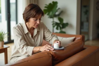 Femme appliquant un produit d'entretien POLILAR sur un canapé en cuir cognac dans un salon moderne et lumineux