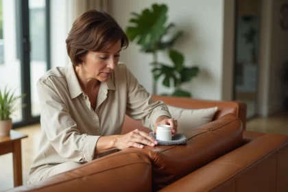 Femme appliquant un produit d'entretien POLILAR sur un canapé en cuir cognac dans un salon moderne et lumineux