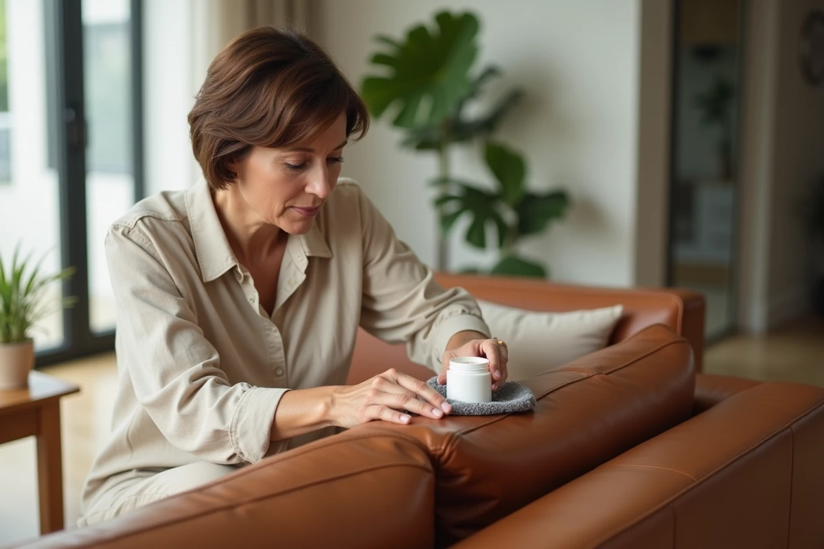Femme appliquant un produit d'entretien POLILAR sur un canapé en cuir cognac dans un salon moderne et lumineux