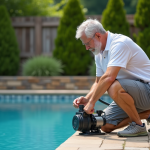 Homme d'âge moyen ajustant la pompe de piscine dans le jardin