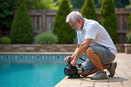 Homme d'âge moyen ajustant la pompe de piscine dans le jardin