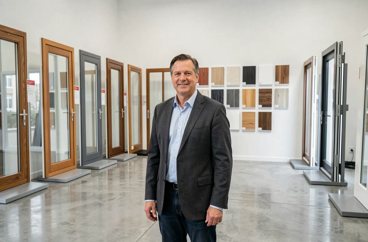 Conseiller d'Espace Ouvertures présentant les menuiseries exposées dans le showroom moderne de l'entreprise