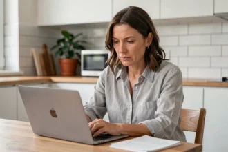 Femme consultant des avis clients Hudson Reed sur un ordinateur portable dans une cuisine moderne