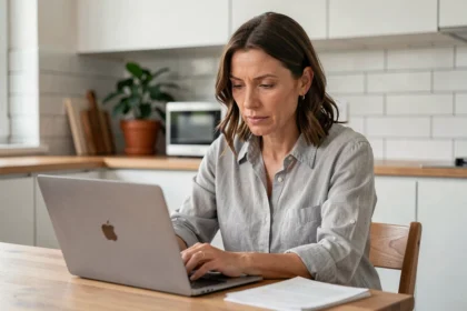 Femme consultant des avis clients Hudson Reed sur un ordinateur portable dans une cuisine moderne