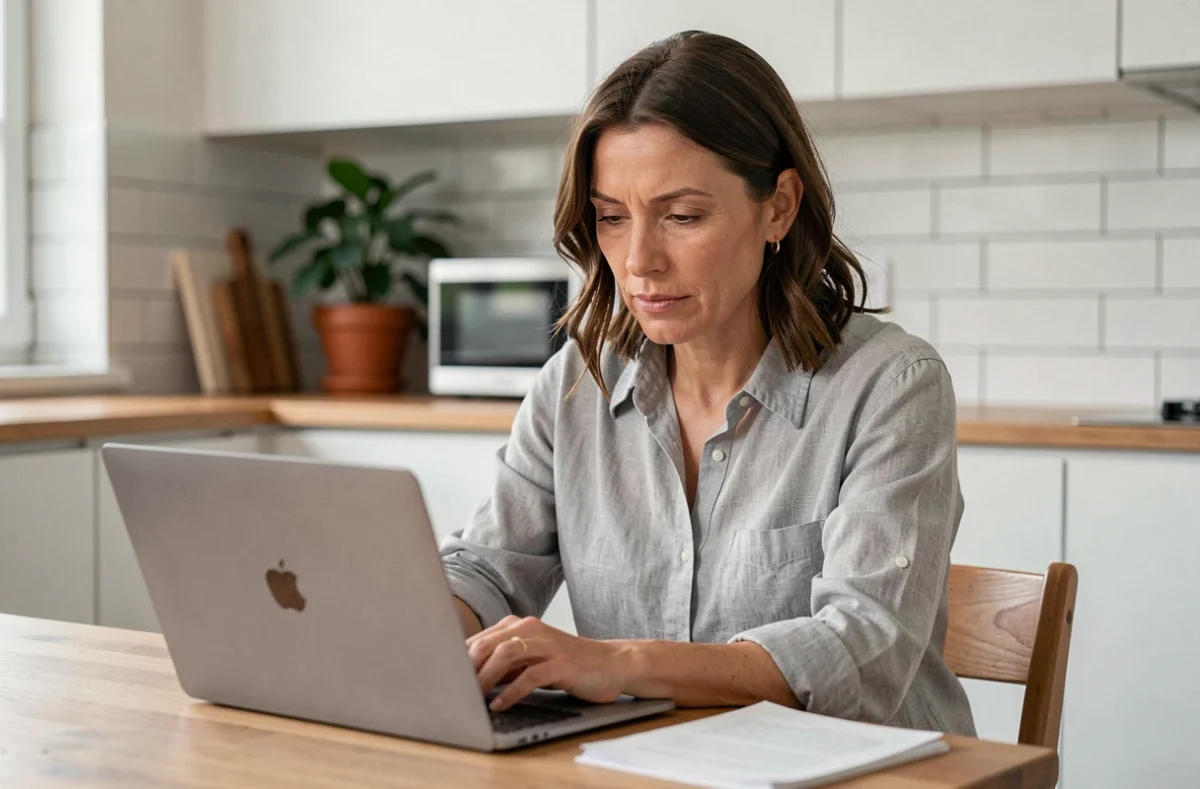 Femme consultant des avis clients Hudson Reed sur un ordinateur portable dans une cuisine moderne