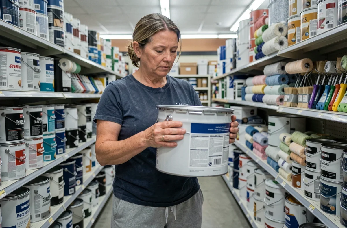 Femme comparant des pots de peinture dans un magasin de bricolage pour estimer le budget de ses travaux de rénovation