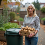 Femme avec des pommes de terre abimées près d'un compost urbain
