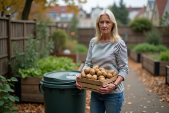 Femme avec des pommes de terre abimées près d'un compost urbain