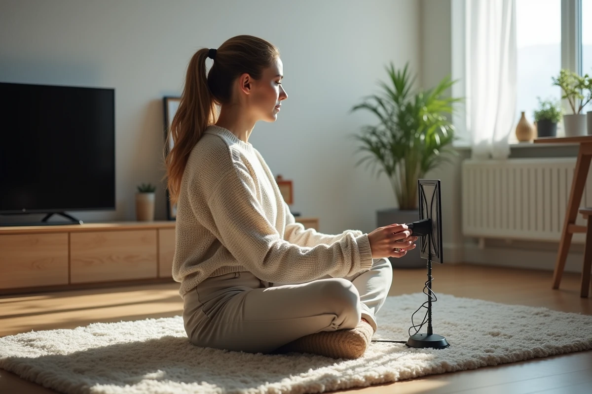 Jeune femme connectant une antenne TV dans son appartement