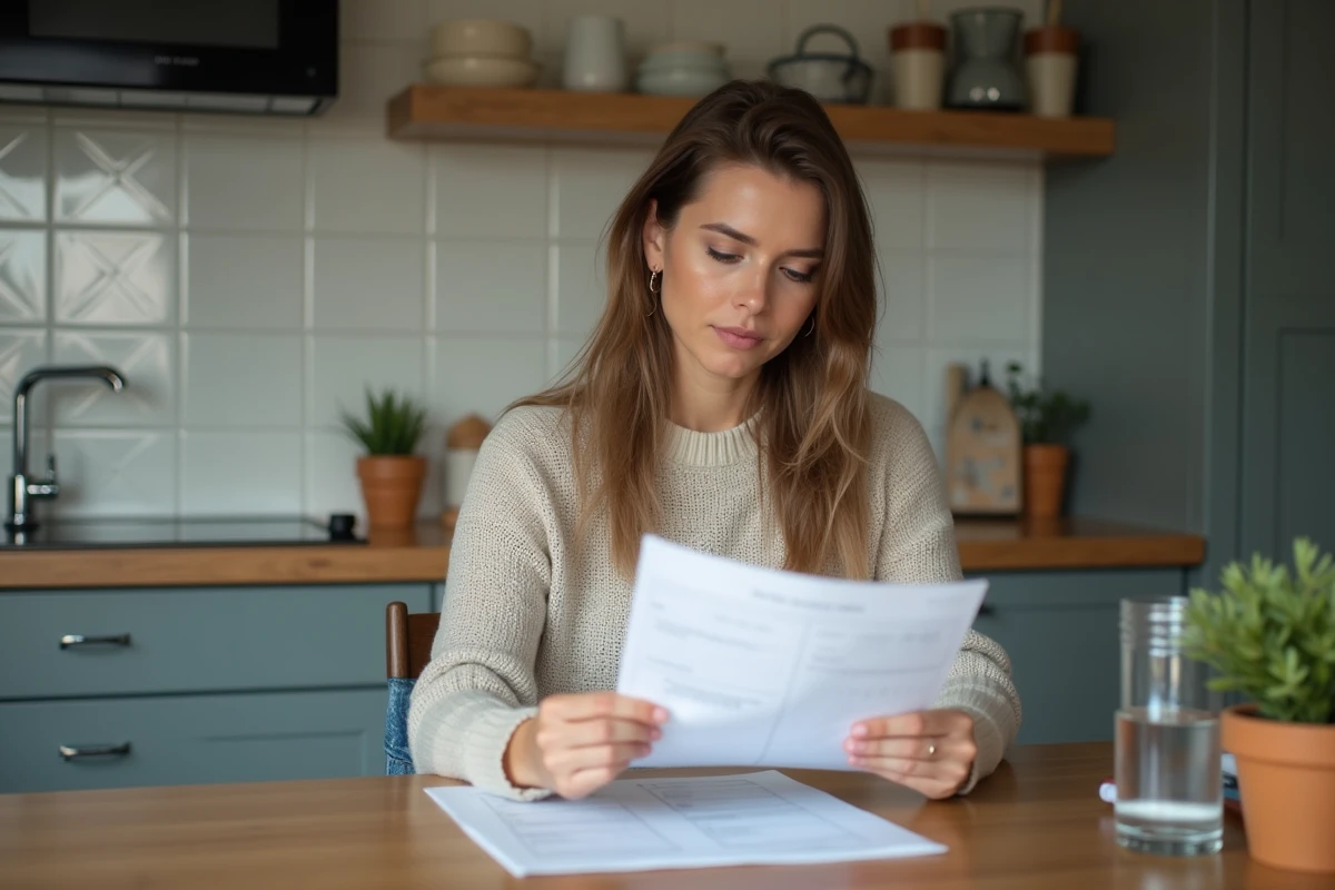 Femme examinant sa facture d'eau dans la cuisine moderne