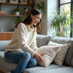 Femme arrangeant coussins sur canapé moderne dans salon chaleureux