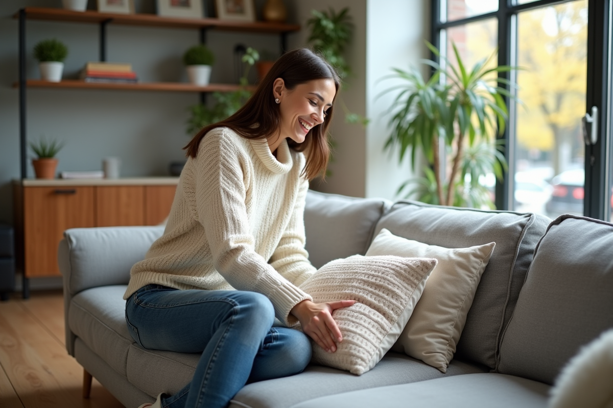 Femme arrangeant coussins sur canapé moderne dans salon chaleureux