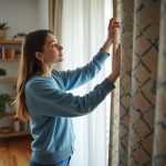 Femme en bleu ajustant un rideau dans un appartement cosy