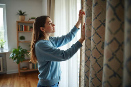Femme en bleu ajustant un rideau dans un appartement cosy