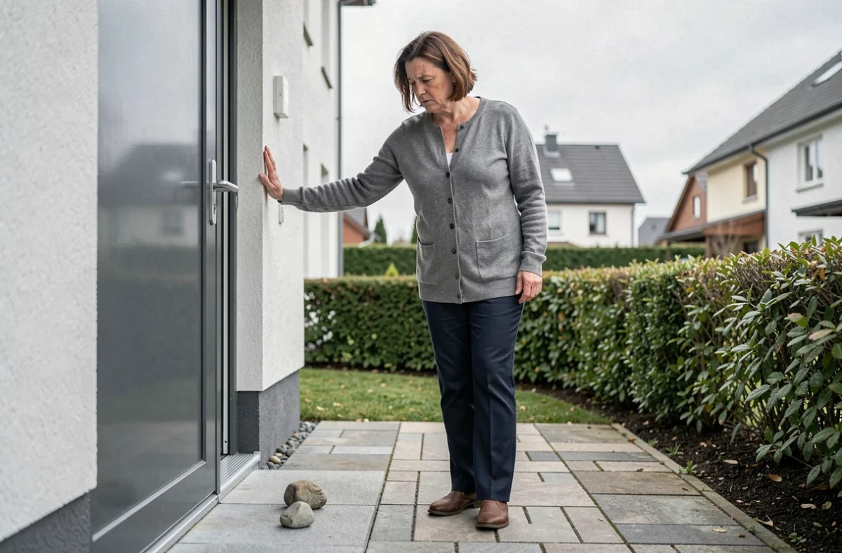 Femme découvrant des pierres suspectes posées sur le seuil de sa maison, potentiel marquage de cambrioleur