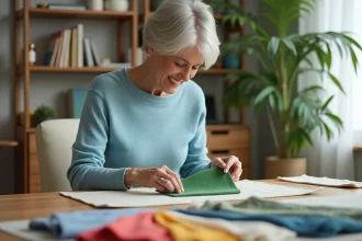 Femme examinant des échantillons de tissus colorés dans un intérieur lumineux