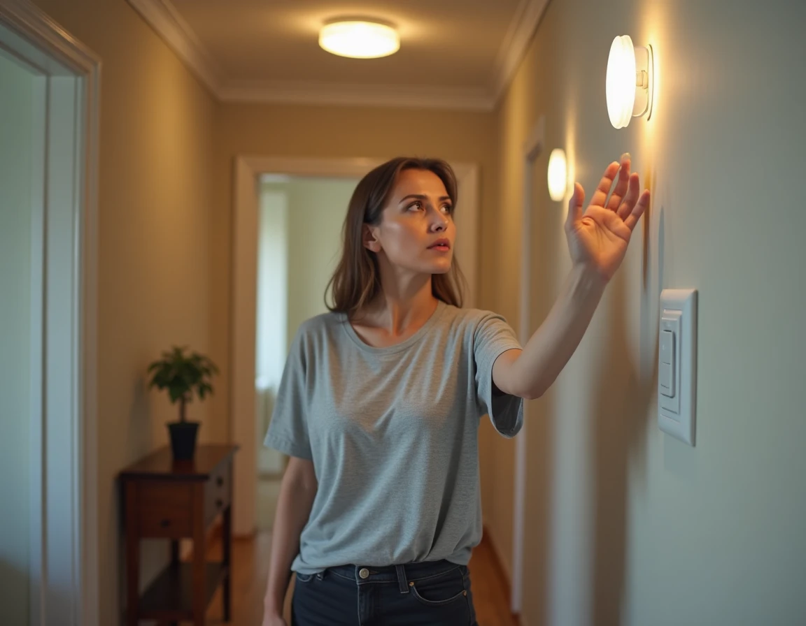 Femme regardant un plafonnier LED clignotant dans un couloir avec interrupteur poussoir visible sur le mur
