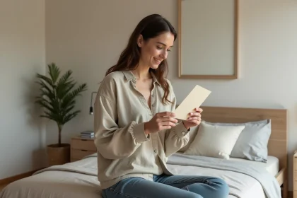 Femme examinant des &eacute;chantillons de peinture dans une chambre moderne