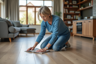 Femme examinant des échantillons de sol résilient dans un salon moderne