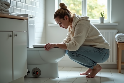 Femme examinant une valve antirodent dans la salle de bain