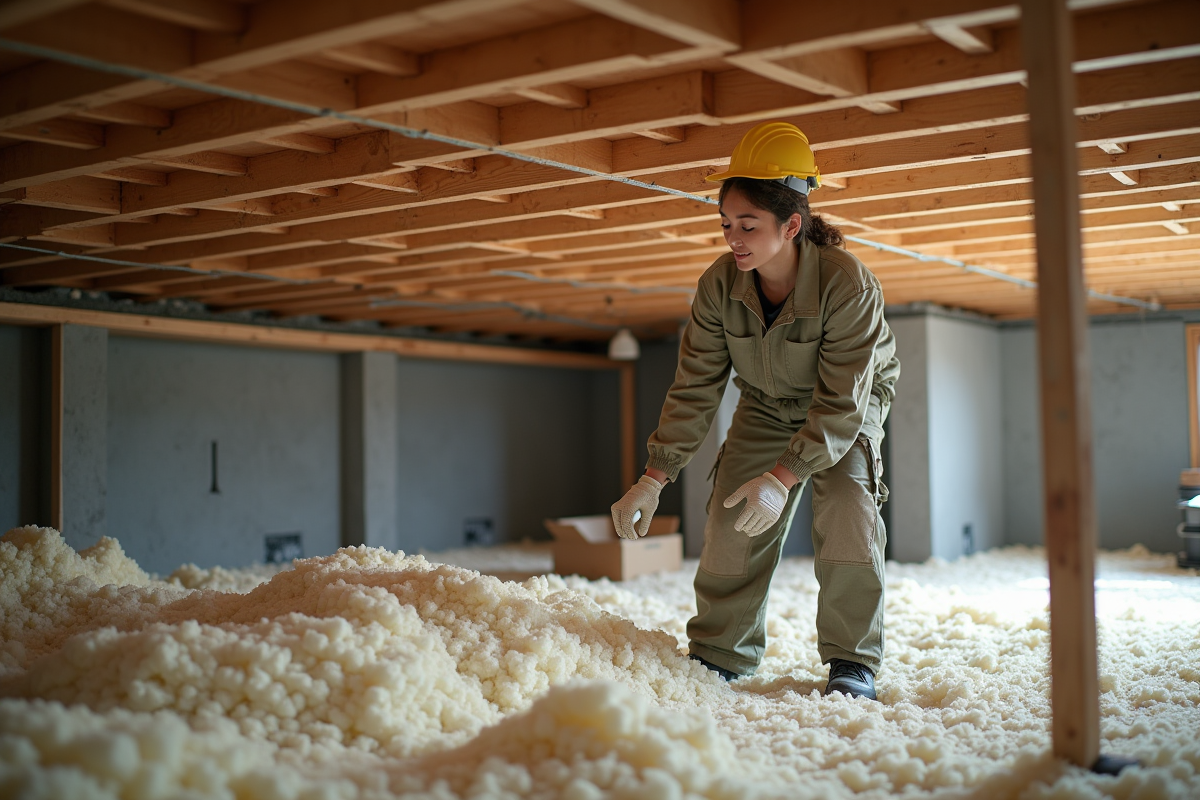 Femme inspectant l’isolation cellulose dans un espace de vide