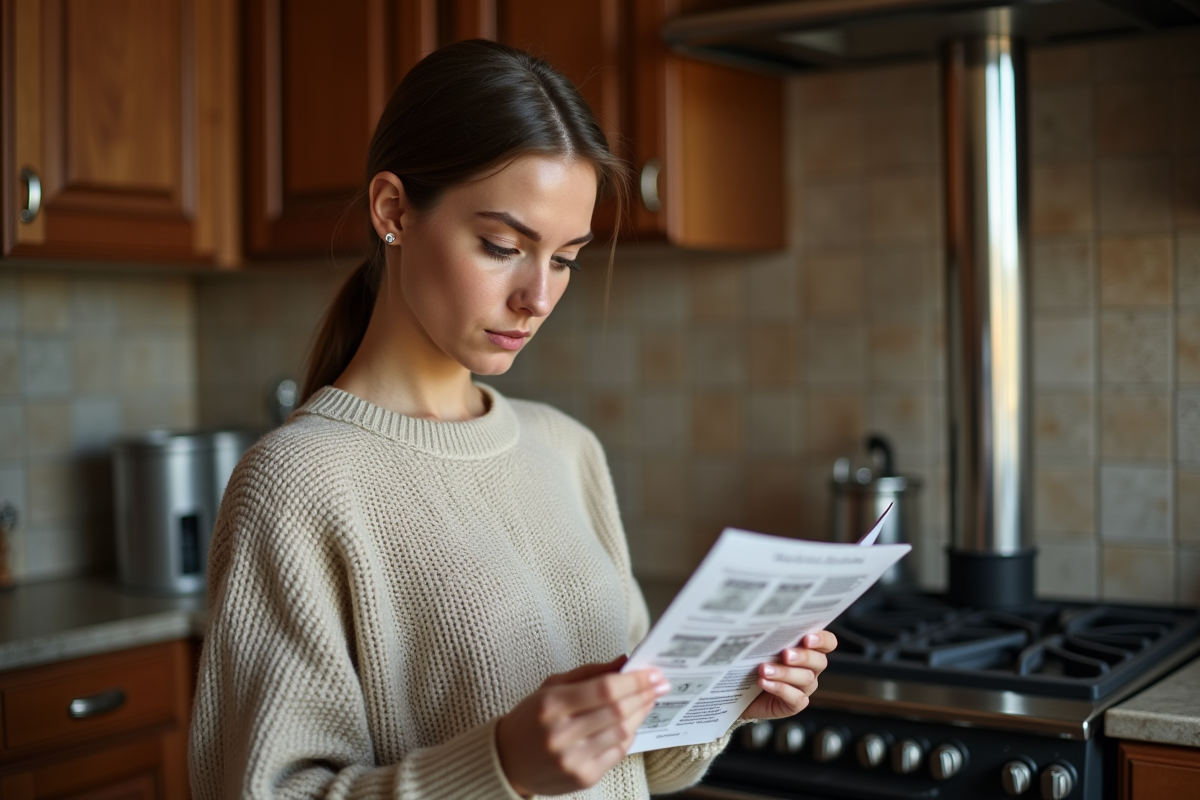 Jeune femme lisant instructions pour un thermometre de poele