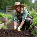 Femme en tenue de jardinage étalant du compost sur le sol