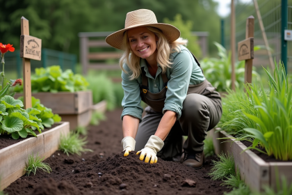 Femme en tenue de jardinage étalant du compost sur le sol