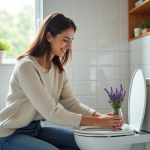 Femme souriante dans la salle de bain moderne avec lavande