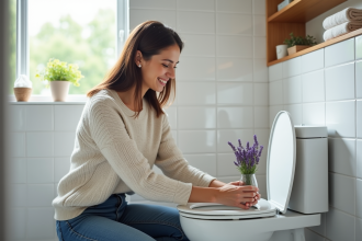 Femme souriante dans la salle de bain moderne avec lavande