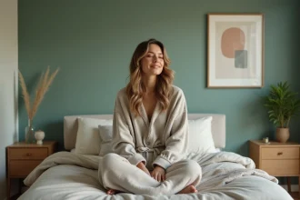 Femme en loungewear dans une chambre moderne et apaisante