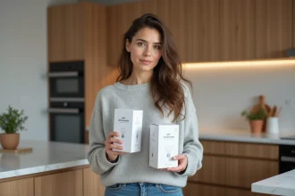 Jeune femme tenant des boîtes d'ampoules spot éclairage