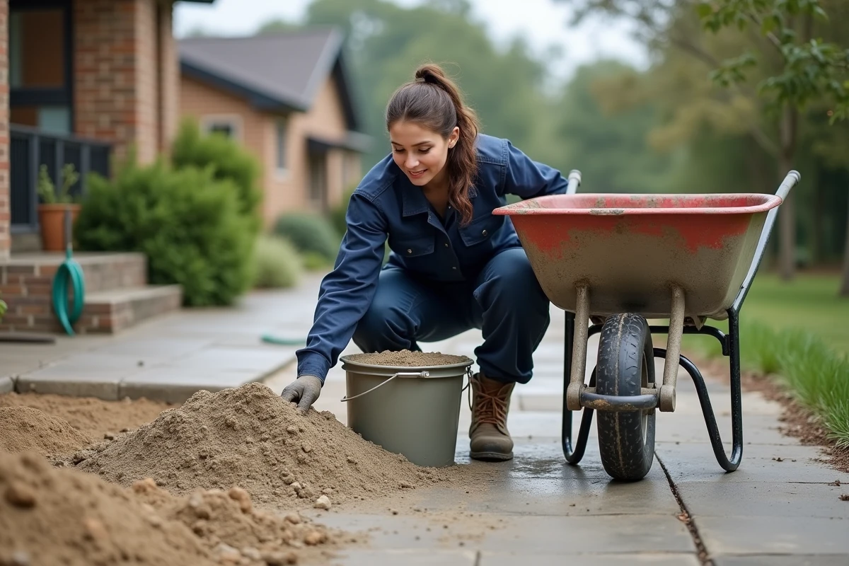 Jeune femme versant du b&eacute;ton dans un seau devant une maison