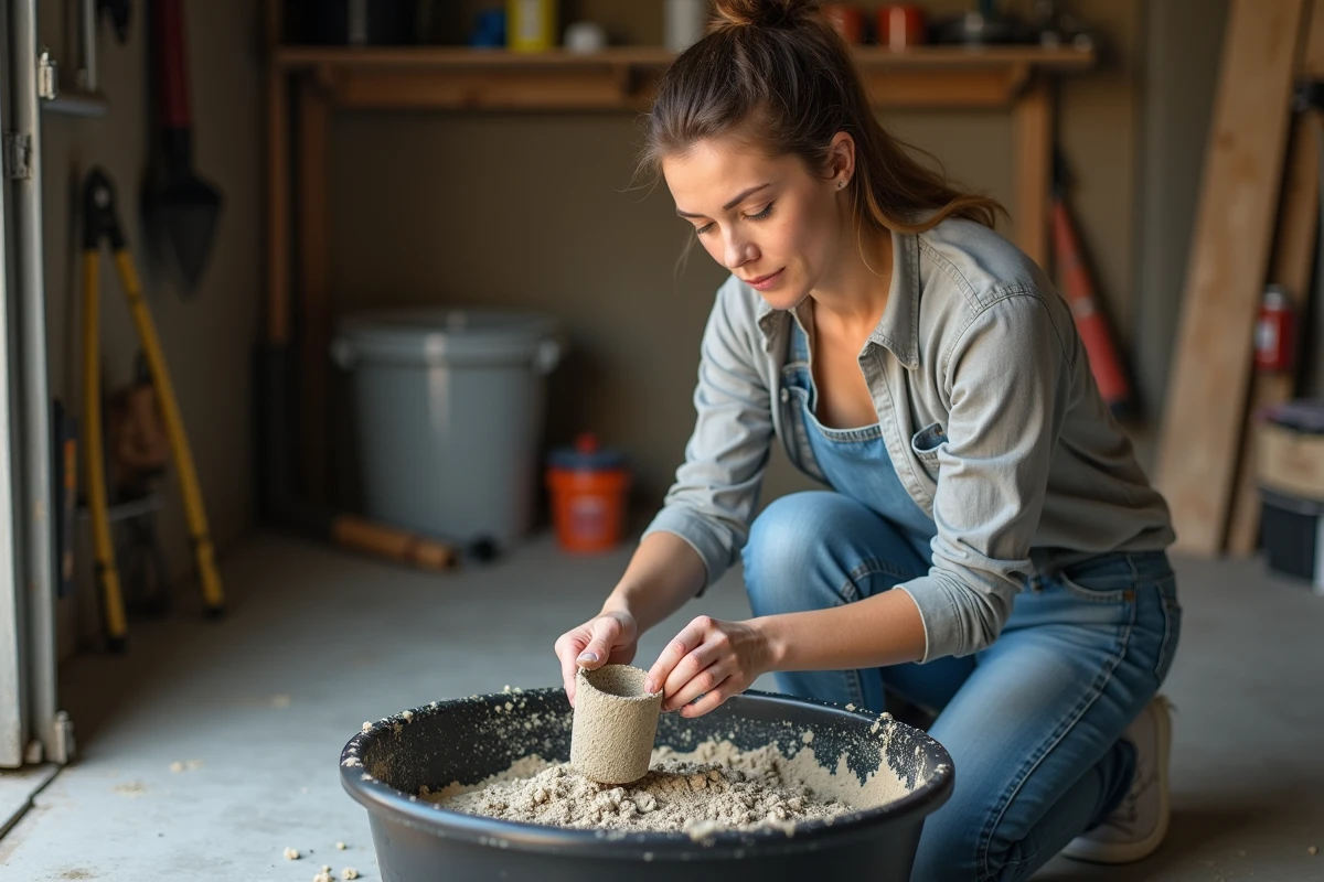 Femme dans un garage mélangeant du mortier avec une truelle