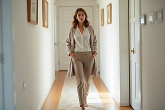 Femme élégante dans un couloir moderne et lumineux