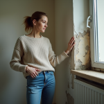Femme examinant de la moisissure sur un mur intérieur