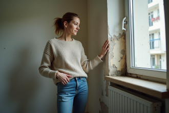 Femme examinant de la moisissure sur un mur intérieur