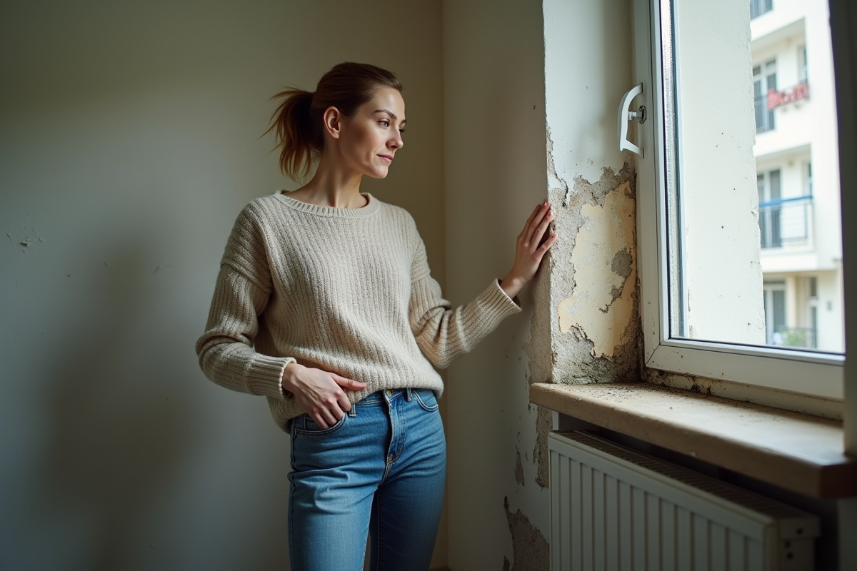 Femme examinant de la moisissure sur un mur intérieur