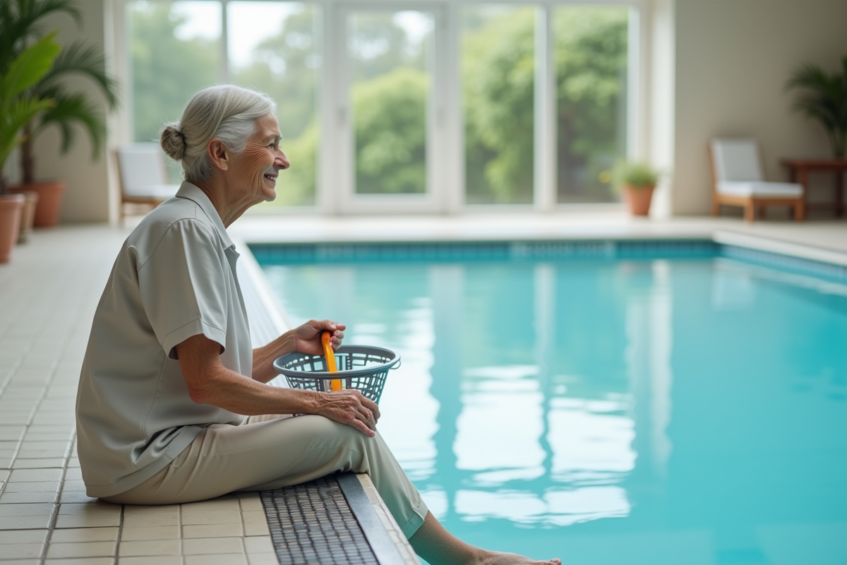 Femme âgée souriante nettoyant la piscine intérieure