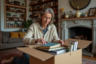 Femme organisée triant des livres dans un salon chaleureux