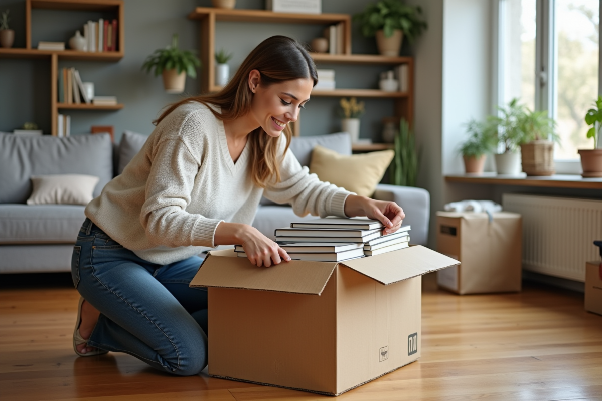 Femme organisant des livres dans une boîte de déménagement