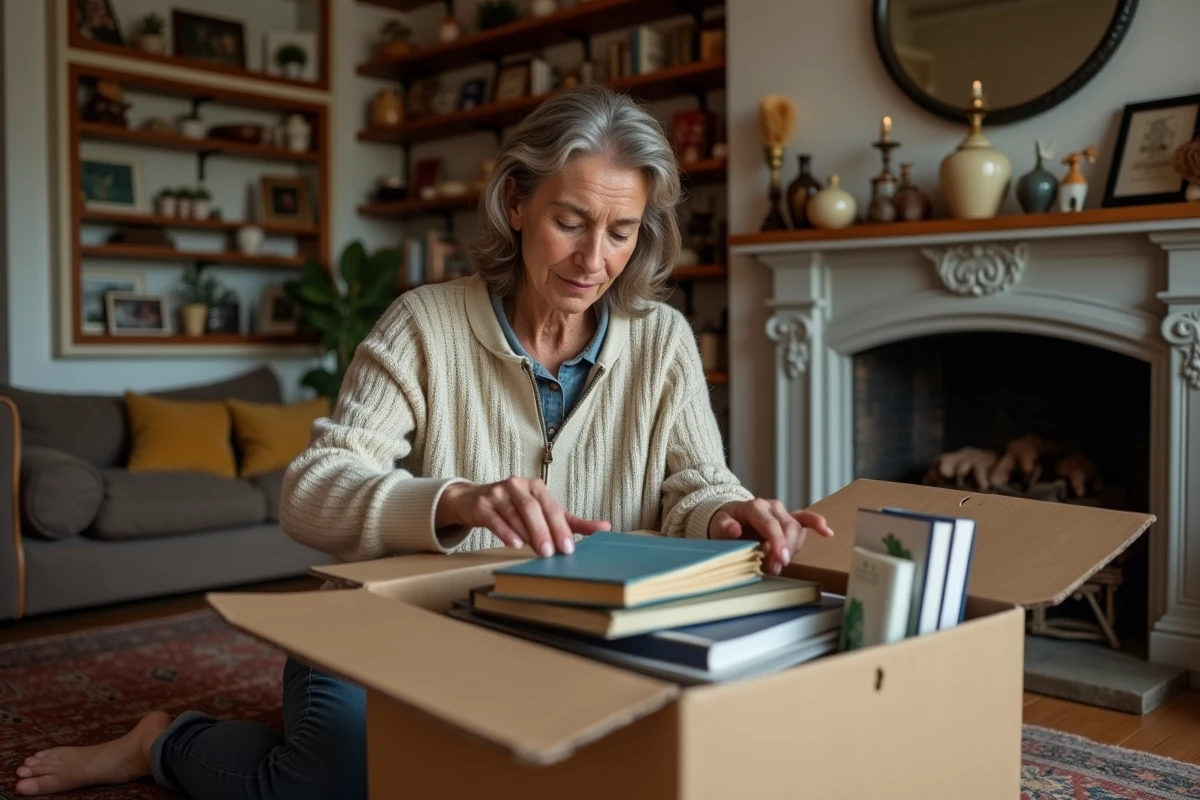 Femme organisée triant des livres dans un salon chaleureux
