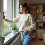 Jeune femme ouvrant une grande fenêtre dans un appartement lumineux
