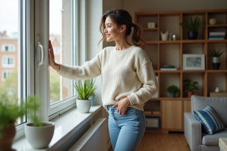Jeune femme ouvrant une grande fenêtre dans un appartement lumineux