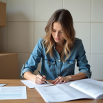 Jeune femme remplissant des papiers de demenagement
